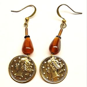 Red Agate Gold Coin Beaded Earrings
